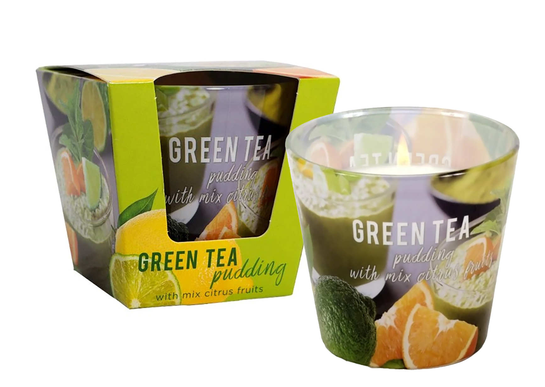 SVÍČKA VE SKLE GREEN TEA PUDDING WITH MIX CITRUS FRUITS 115G