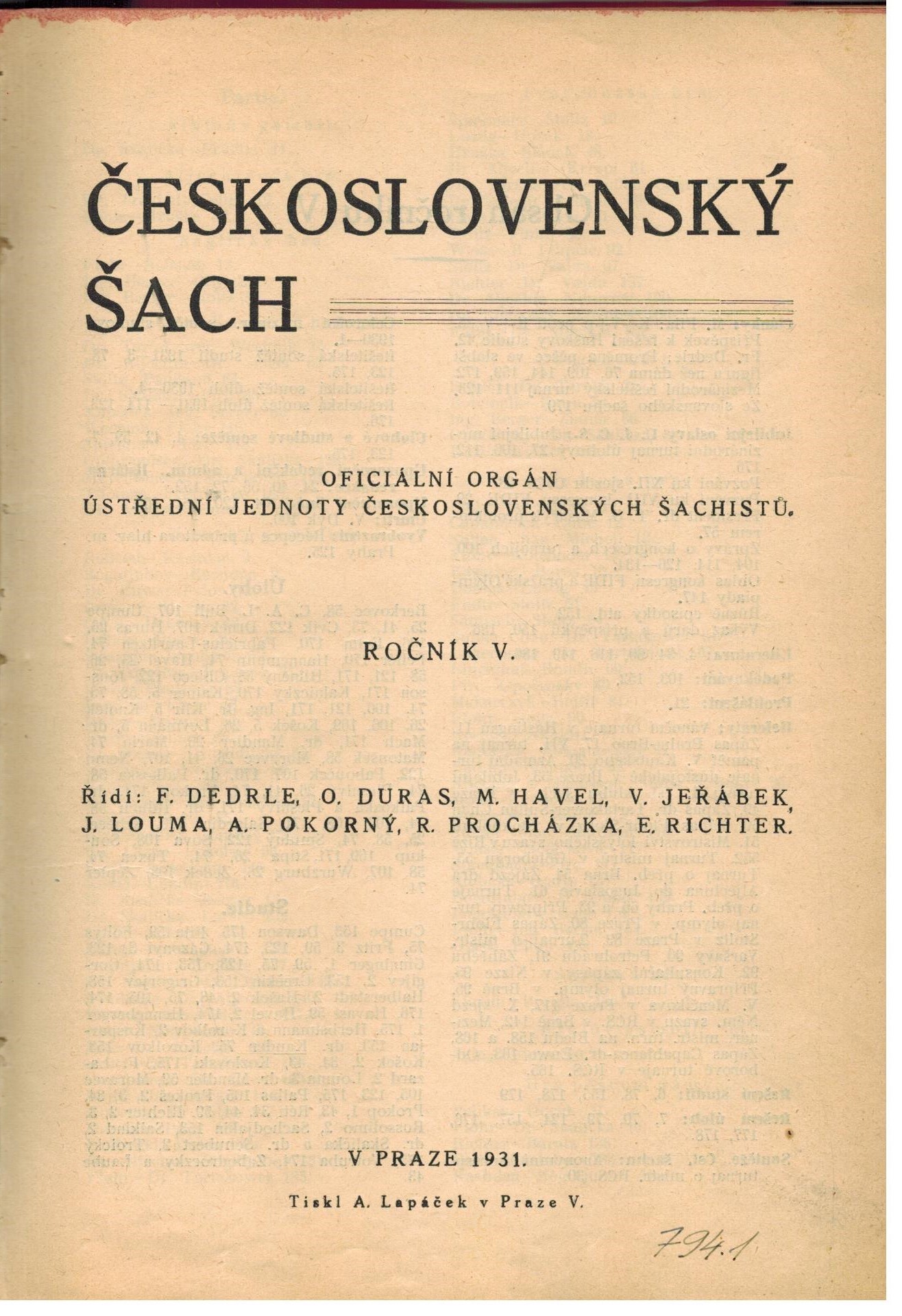 ČESKOSLOVENSKÝ ŠACH ROČNÍK V.